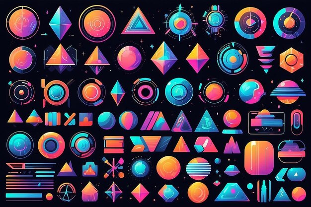 Retro futuristic elements for design Big collection of abstract graphic geometric symbols and objects in y2k style