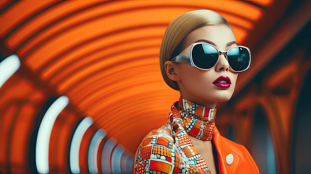 Foto ragazza di moda retrò futuristica sullo sfondo della foto di sfondo pop art