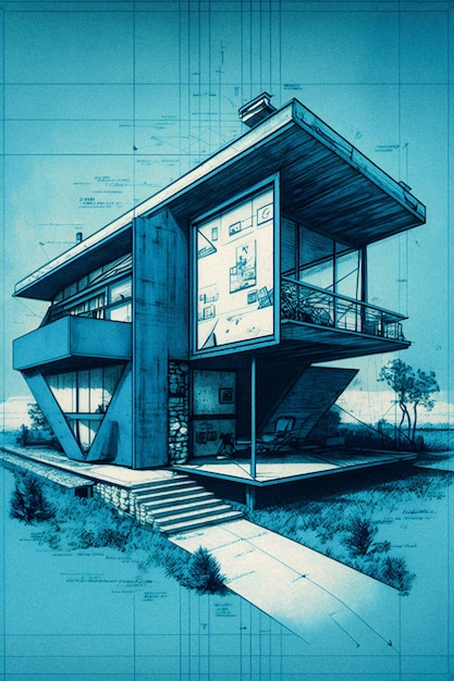 Retro futuristic House Sketch and Blueprint hand drawn illustration