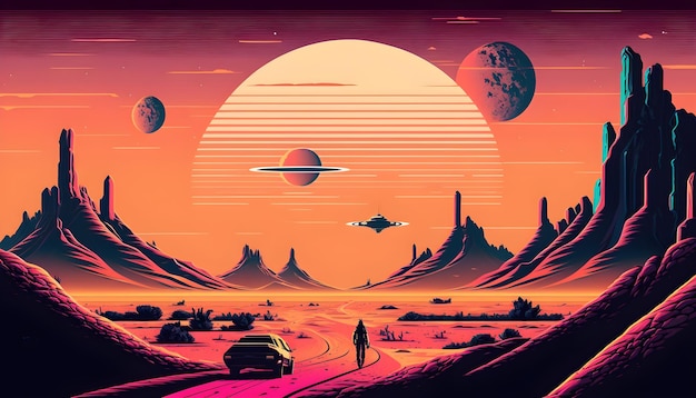 Retro futuristic landscape background generative ai