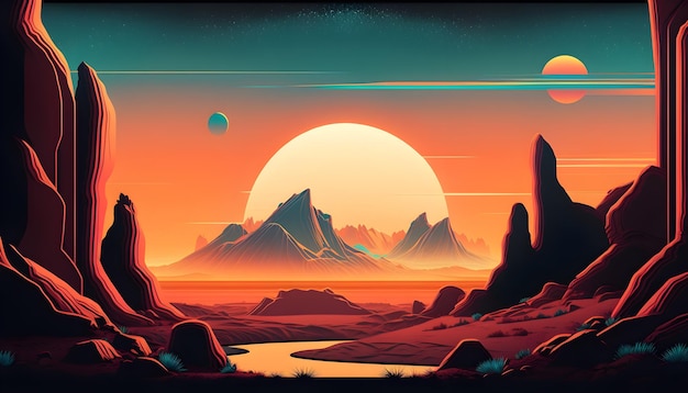 Retro futuristic landscape background generative ai