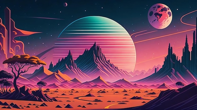 Retro futuristic landscape of universe background