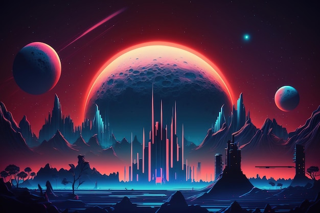 Retro futuristic nighttime sci fi city Cyberpunk or 80s synthwave VJ background with neon lights the moon and stars For a video game or music video a 4K stylised vintage vaporwave landscape illus