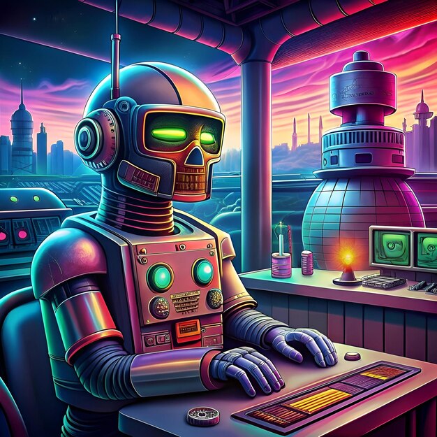 A retro futuristic robot sits at a control panel monitoring a nuclear power reactor
