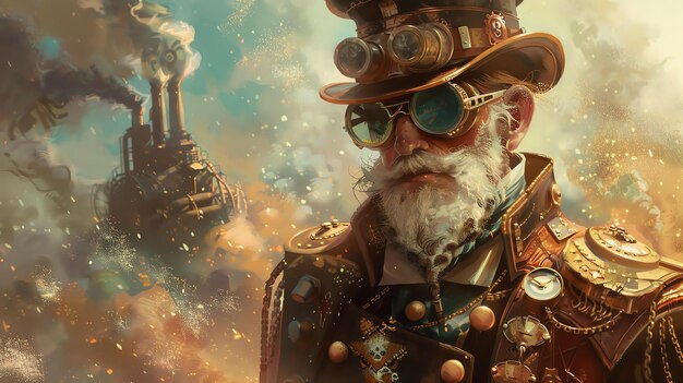 Retro futuristic steampunk man with beard and hat