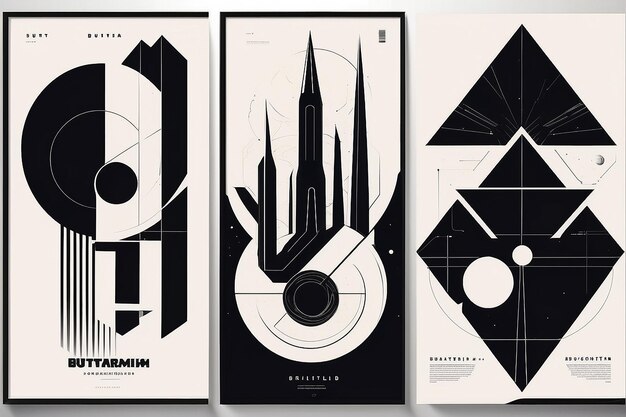 Ретро-футуристические векторные минималистичные плакаты с силуэтами основных фигур, необычные графические элементы композиции геометрических фигур