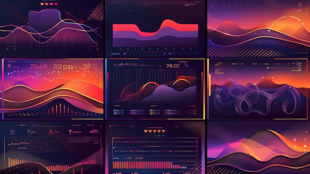 Retro futuristic vibe banners with orange and purple color backgrounds text borders statistics data chart frames and retrowave collage