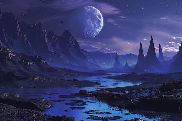 Retro futuristisch landschap met blauwe rivier donkere bergen en maan