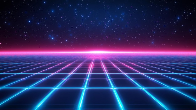 Retro-futuristisch rasterlandschap onder een sterrenhemel