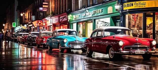 Foto retro-futuristisch stadsbeeld met vintage auto's, futuristische wolkenkrabbers en levendige neonbordjes