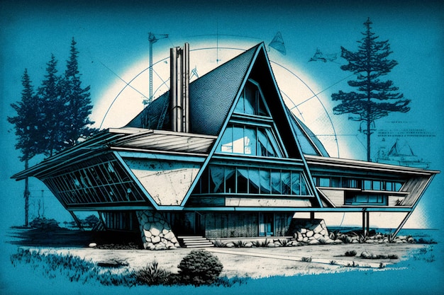 Retro futuristische huisschets en blauwdruk handgetekende illustratie