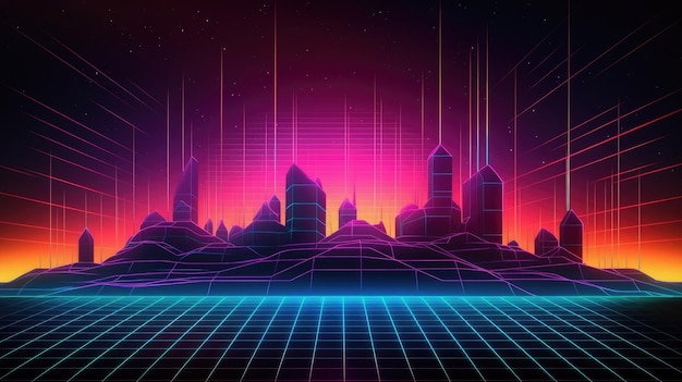 Retro-futuristische nachtstad in synthwave retrowave-stijl met generatieve AI-technologie