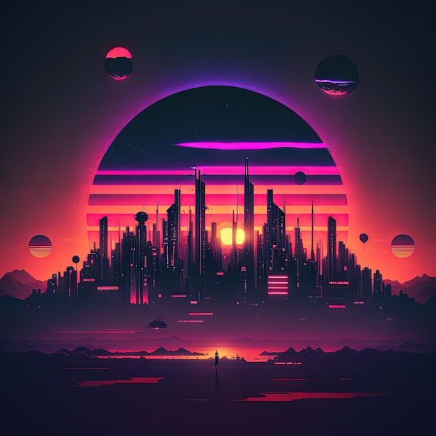 Retro-futuristische synthwave retrowave-gestileerde nacht