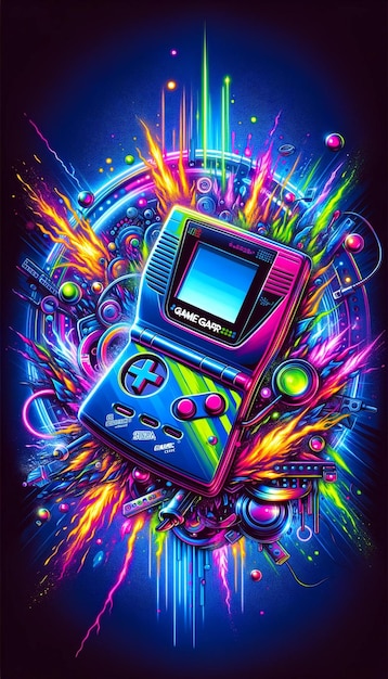 Retro Game Gear with Electric Neon Explosion