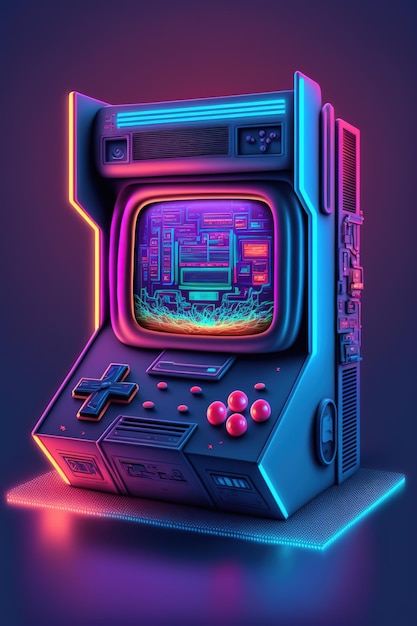 Retro gameconsole en pad op neon paarse achtergrond gemaakt met behulp van generatieve ai-technologie