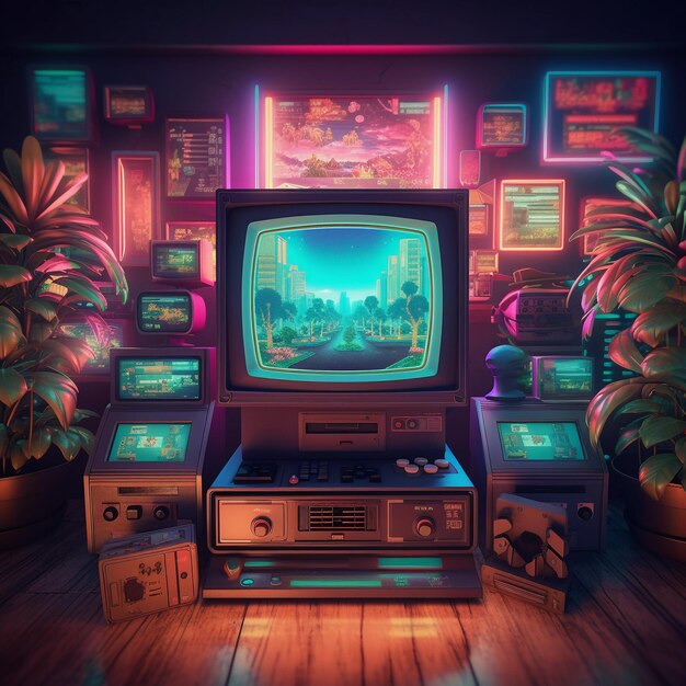 Retro gamer room cyberpunk style