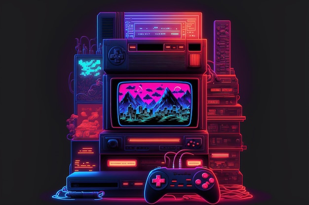 Photo retro gaming console and pad in black background created using generative ai technology