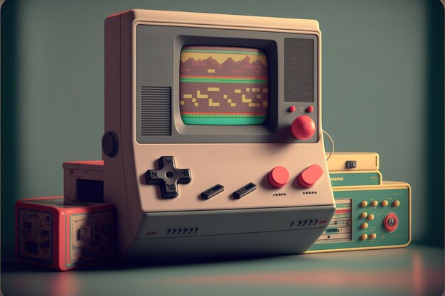 Photo retro gaming console and pad on green background created using generative ai technology