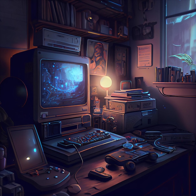 Retro gaming desktop PC computer setup gamer illustration