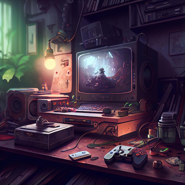 Retro gaming desktop PC computer setup gamer illustration