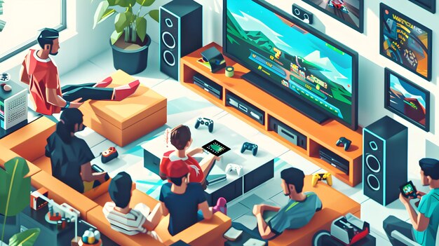 Retro Gaming Night Friends Reliving Nostalgic Moments Together Isometric Flat Icon Illustration o