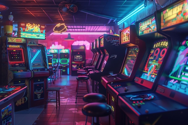 Retro-geïnspireerde neonverlichte speelzaal met arcade ma