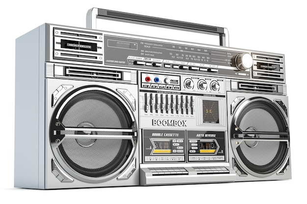 Retro ghetto blaster boombox radio and audio tape recorder isolated on white