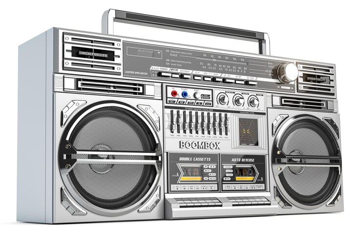 Photo retro ghetto blaster boombox radio and audio tape recorder isolated on white