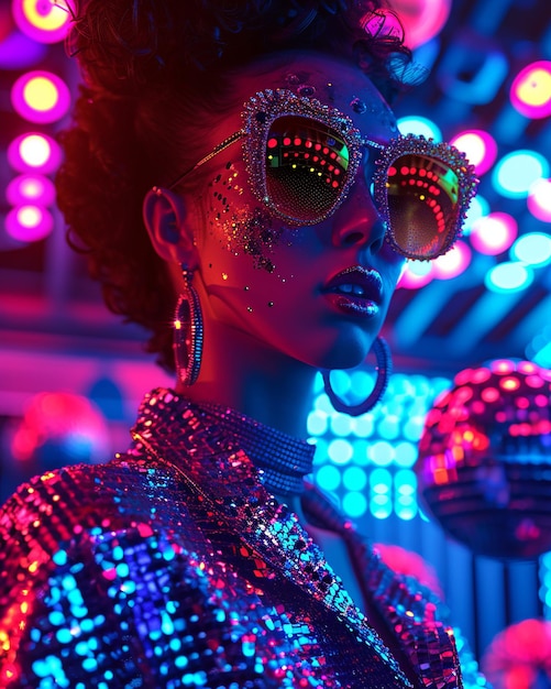 Ретро-глам-рок-модель в секвинном костюме с неоновыми огнями