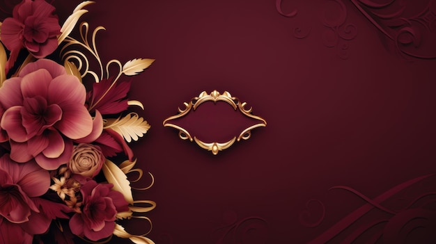 Foto cornice ornamento oro retrò con rose rosa su sfondo rosso design floreale e decorativo per carta