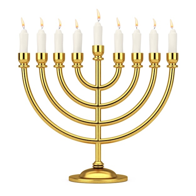 Retro Golden Hanukkah Menorah with Burning Candles on a white background. 3d Rendering