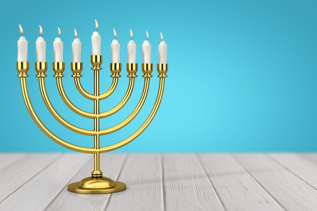 Retro Golden Hanukkah Menorah with Burning Candles on a wooden table. 3d Rendering