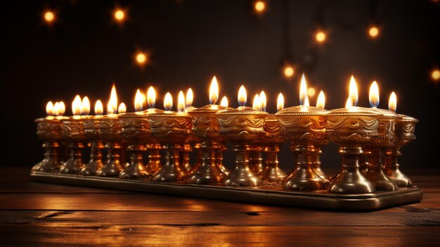 Retro golden hanukkah menorah with burning candles