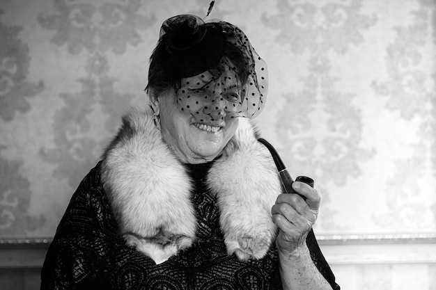 Retro grandmother smoking black and white photo