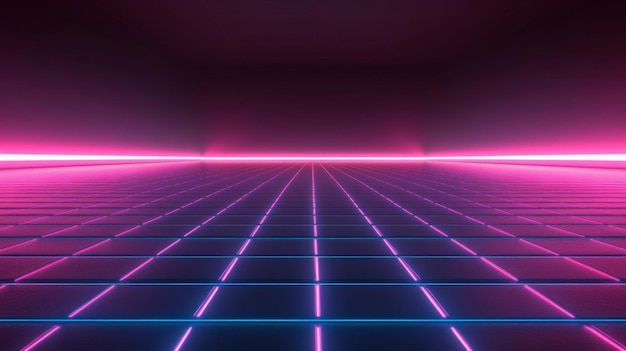 Retro Grid Floor With Neon Pink And Blue Lights