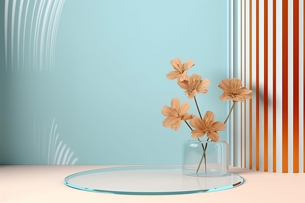 Retro groovy background minimalistic podium stands behind corrugated transparent glass with flowers copy space ar 32 stylize 50 Job ID 2c45fa2080df442887d4e021d63fd055