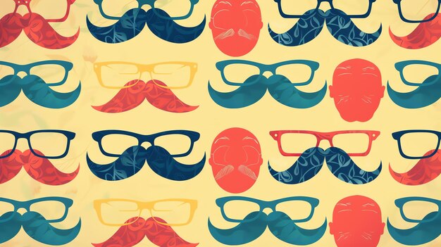 Retro hipster seamless pattern with mustaches glasses and faces Colorful vector background