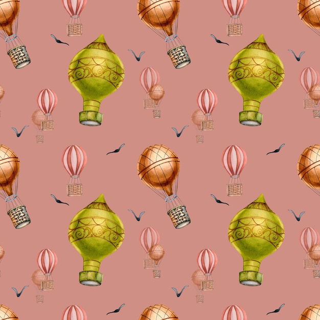 Retro hot air balloon vintage style watercolor seamless pattern isolated