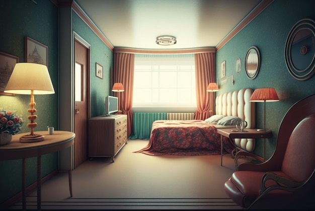 Retro hotel room graphic design 3d model background