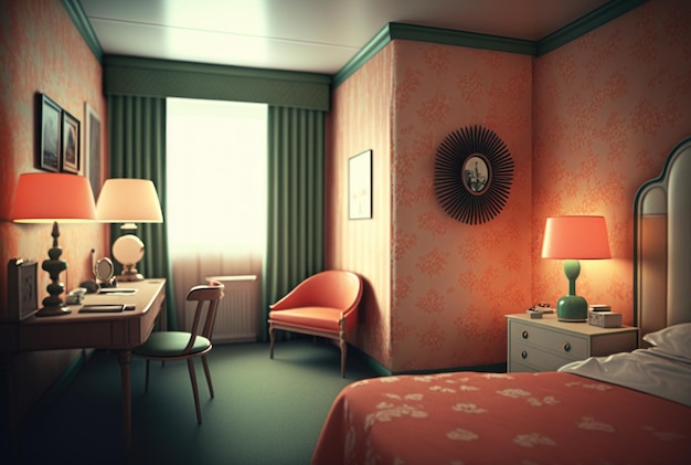 Retro hotel room graphic design 3d model background