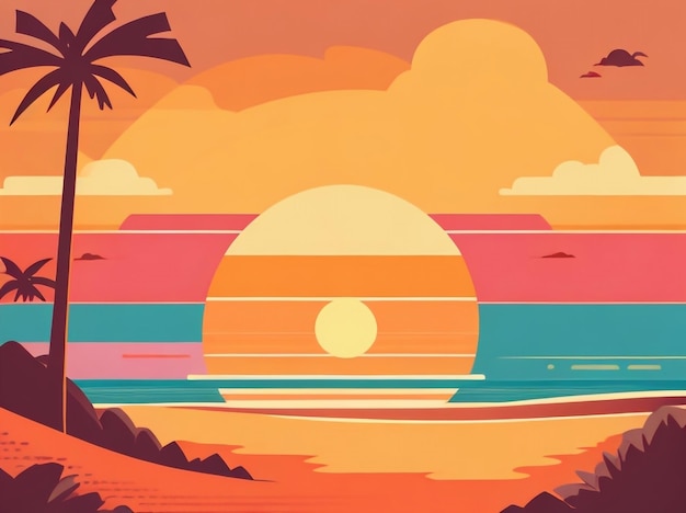 Retro illustrated beach landscape with a majestic sunrise