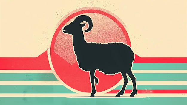 Photo retro illustration of a black ram with horns standing on a textured background with a red circle and blue and red stripes