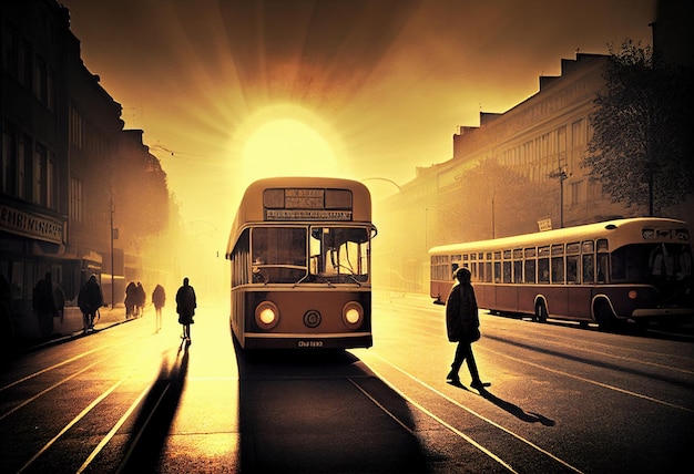 Retro illustration of a city street on a sunset background Photo in retro style old film faded colors yellow tones Bus on the street generated by AI