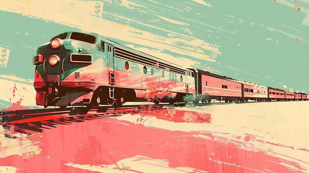 Retro illustration of a passenger train in motion The image is in muted earth tones with a painterly quality