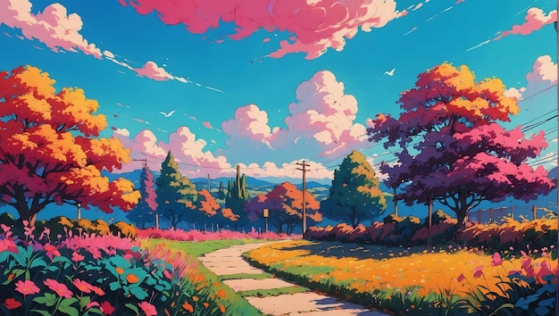 Retro illustration of a very colorful landscape in the nature