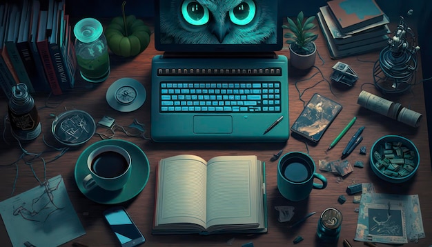 Retro Inspired An 80s Red and Green Spooky Glowy Desk Scene