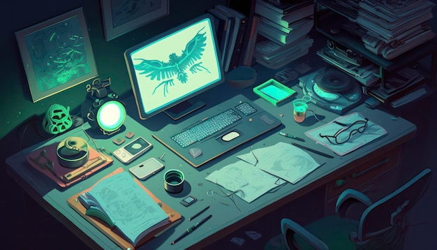 Retro Inspired An 80s Red and Green Spooky Glowy Desk Scene