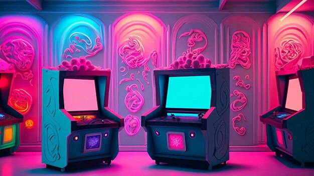 Retro inspired gaming room with arcade machines and neon lights