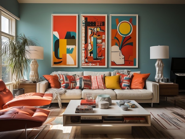 A retro inspired modern home with vintage contemporary elements and bright orange accent wall