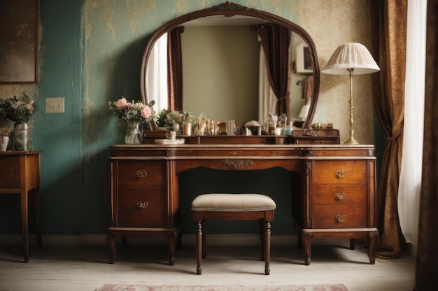 Foto retro interieurontwerp van klassieke kledinghouten tafel met oude en versleten muren en kamer